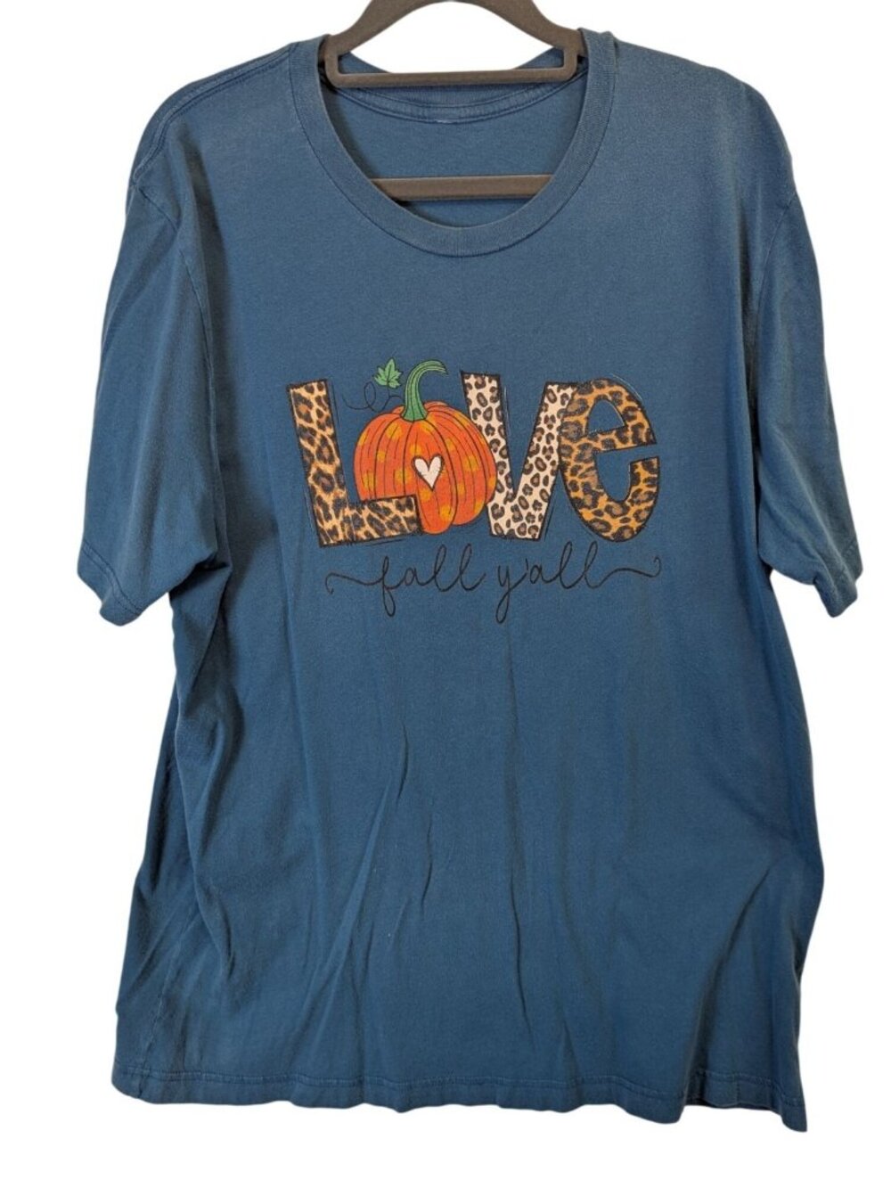 Love Fall Y’all Leopard Pumpkin size L T-Shirt Blue Thanksgiving Top Autumn